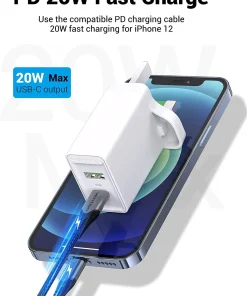 vention usb a c two port usb a c wall charger 18w 20w uk plug white 33577556803750