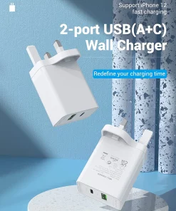 vention usb a c two port usb a c wall charger 18w 20w uk plug white 33577567912102
